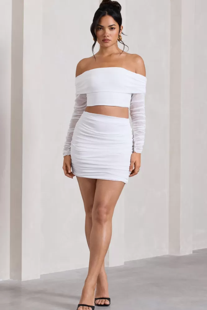 Club L London Ground Rules | Ruched Mesh Mini Skirt White Cheap