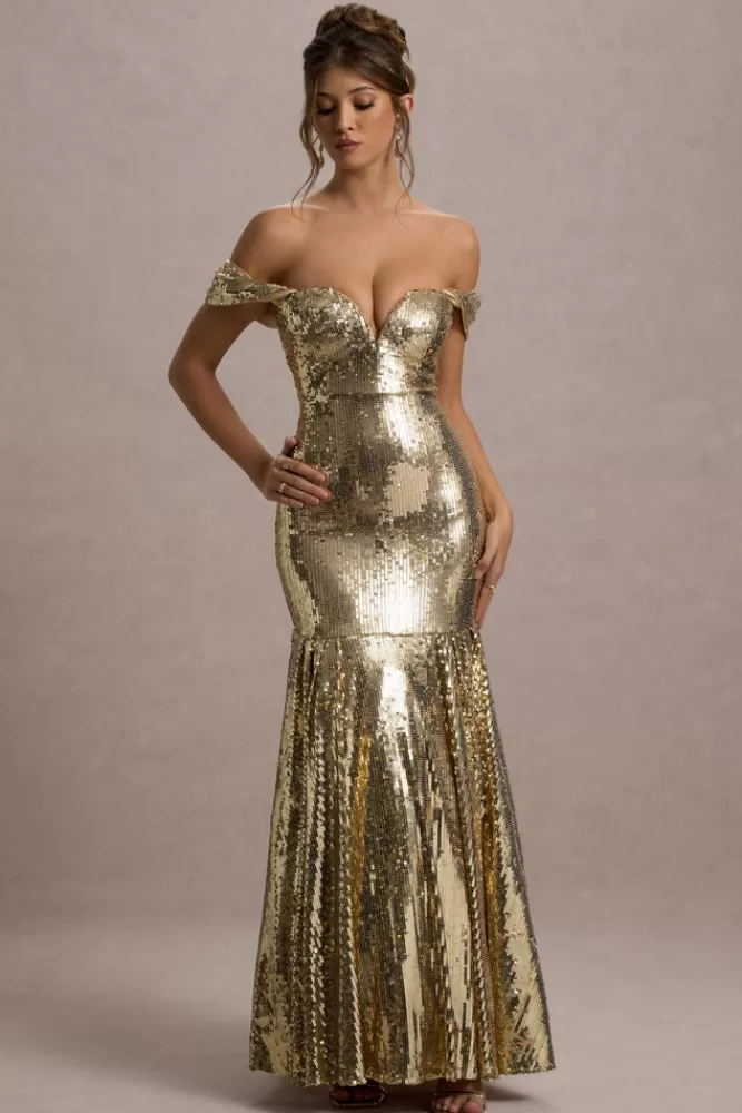 Club L London Guest Of Honour | Sequin Bardot Maxi Dress GOLD Outlet