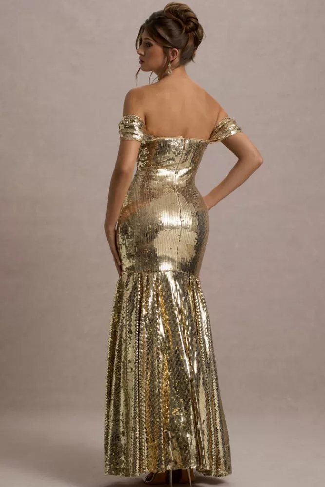 Club L London Guest Of Honour | Sequin Bardot Maxi Dress GOLD Outlet