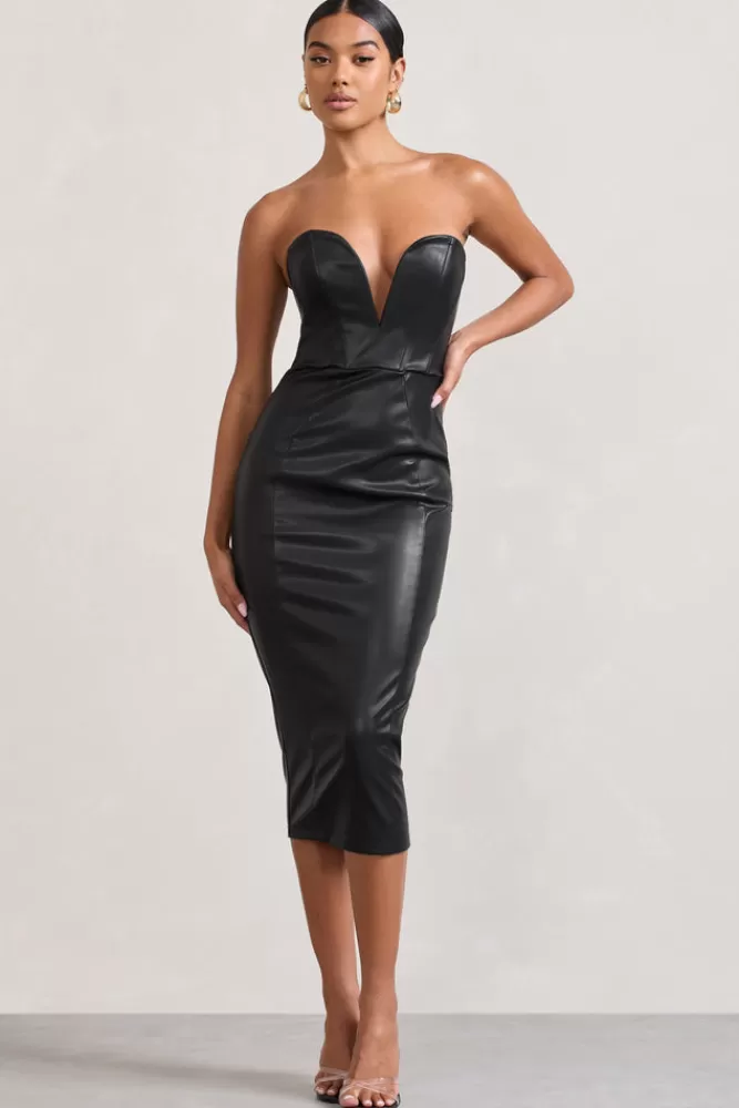 Club L London Hailey | Faux Leather Strapless Sweetheart Corset Midi Dress BLACK Best