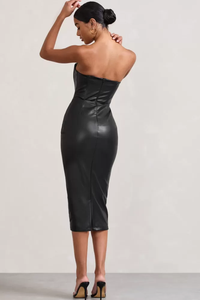 Club L London Hailey | Faux Leather Strapless Sweetheart Corset Midi Dress BLACK Best