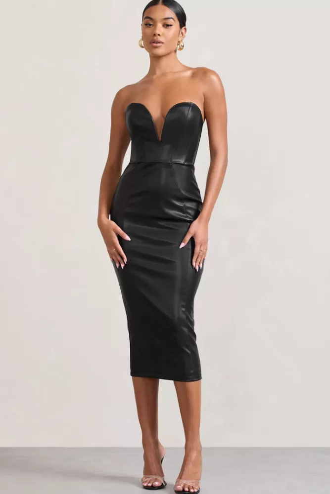 Club L London Hailey | Faux Leather Strapless Sweetheart Corset Midi Dress BLACK Best