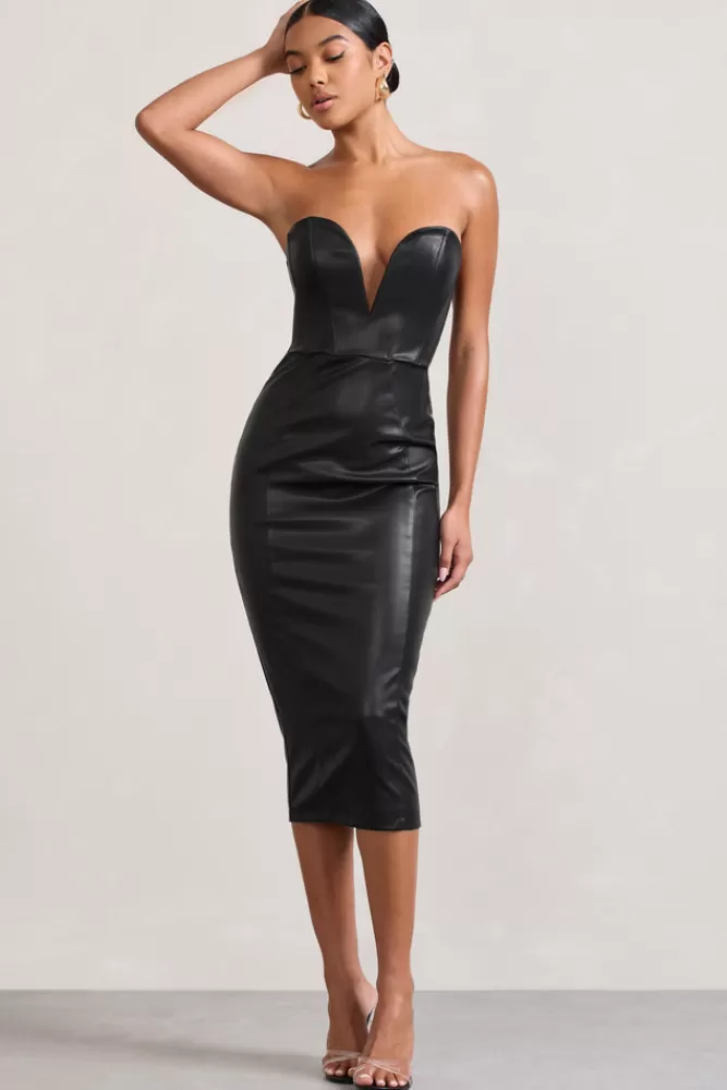 Club L London Hailey | Faux Leather Strapless Sweetheart Corset Midi Dress BLACK Best