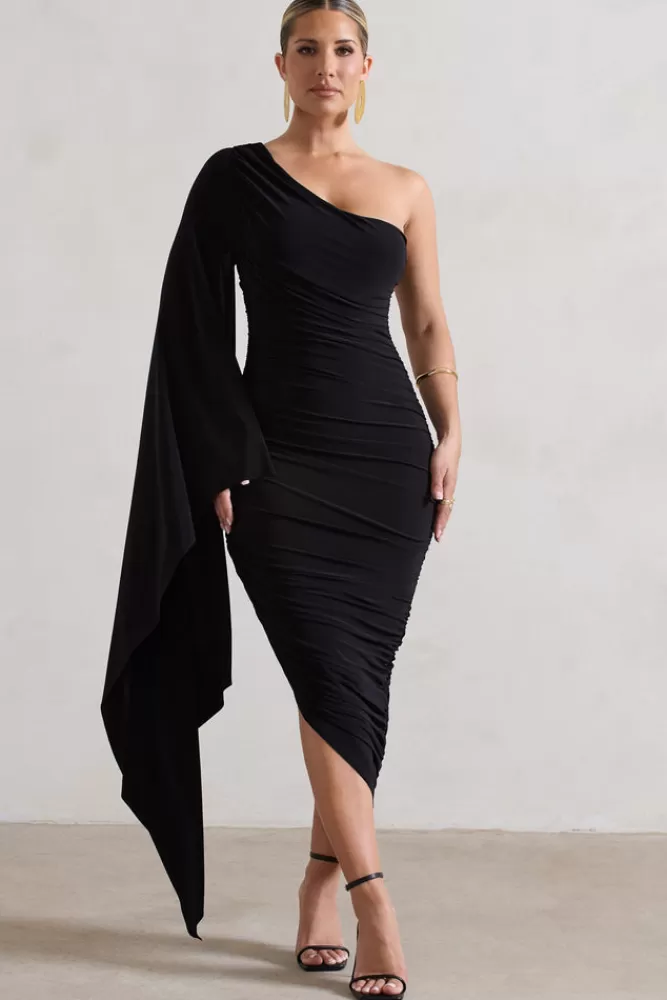 Club L London Halsey | Ruched One Shoulder Cape Sleeve Asymmetric Midi Dress BLACK Discount