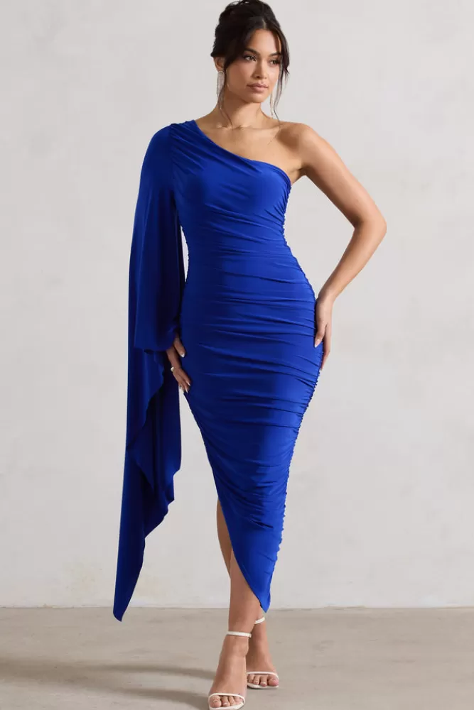 Club L London Halsey | Royal Blue Ruched One Shoulder Asymmetric Midi Dress ROYALBLUE Cheap