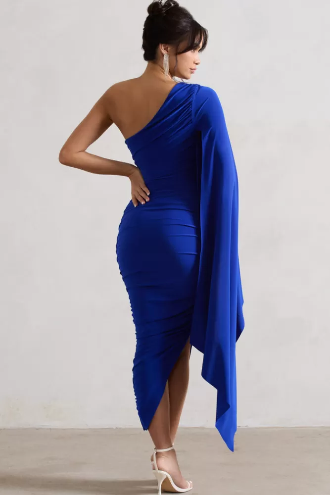 Club L London Halsey | Royal Blue Ruched One Shoulder Asymmetric Midi Dress ROYALBLUE Cheap