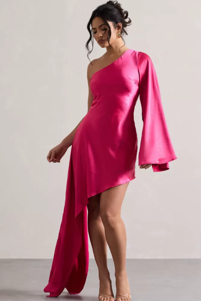 Club L London Hanna | Hot Pink One Shoulder Asymmetric Draped Satin Mini Dress HOTPINK Flash Sale