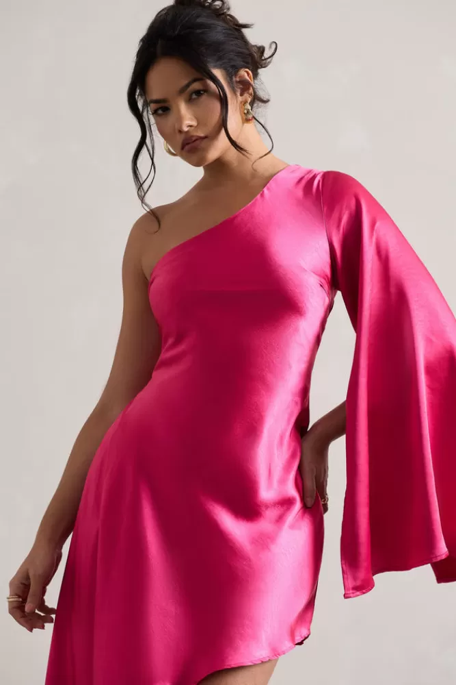 Club L London Hanna | Hot Pink One Shoulder Asymmetric Draped Satin Mini Dress HOTPINK Flash Sale