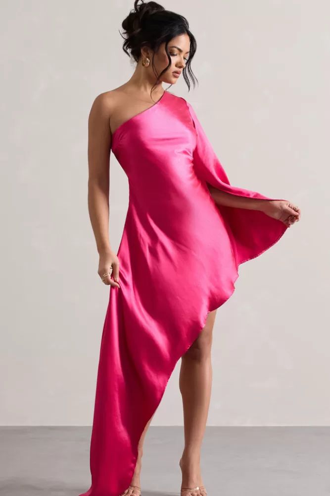 Club L London Hanna | Hot Pink One Shoulder Asymmetric Draped Satin Mini Dress HOTPINK Flash Sale