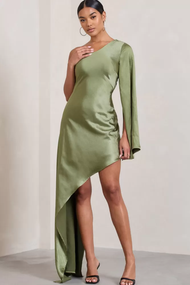 Club L London Hanna | One Shoulder Asymmetric Draped Satin Mini Dress OLIVE Flash Sale