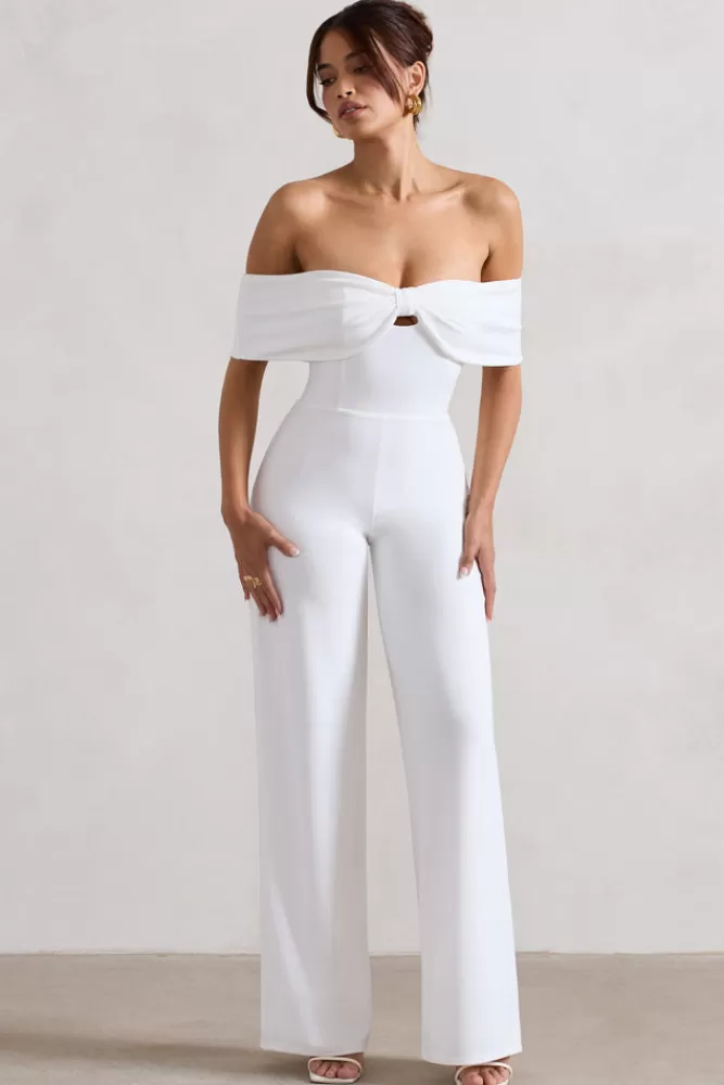 Club L London Harleen | Bow Bardot Wide-Leg Jumpsuit WHITE Cheap