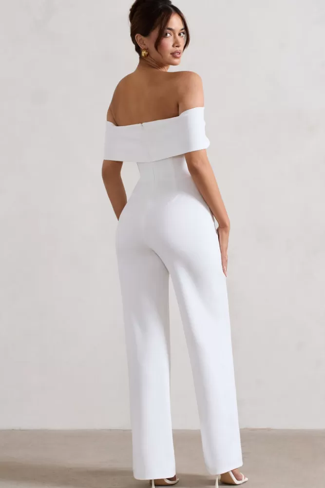 Club L London Harleen | Bow Bardot Wide-Leg Jumpsuit WHITE Cheap