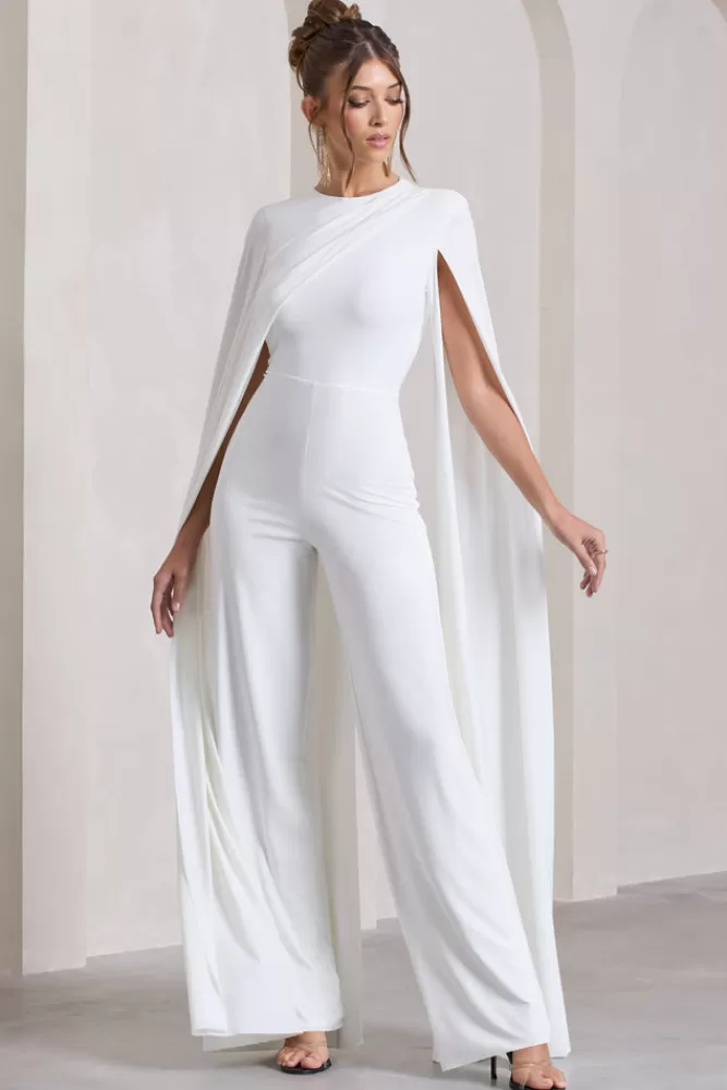 Club L London Harley | Straight-Leg Jumpsuit With Cape Sleeves WHITE Cheap