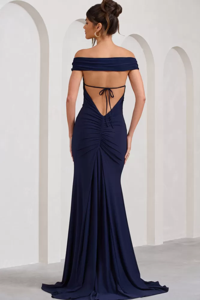 Club L London Harmony | Ruched Bardot Split Fishtail Maxi Dress NAVY Store