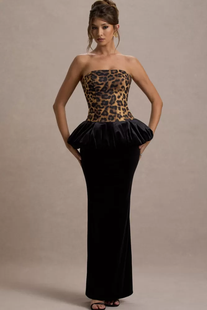 Club L London Harriette | Leopard Print Bandeau Maxi Dress With Black Velvet Peplum Skirt BLACKANDLEOPARD Cheap
