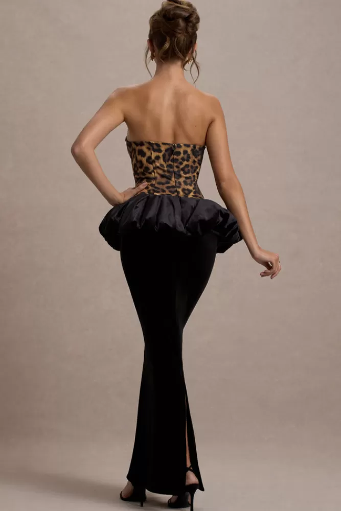 Club L London Harriette | Leopard Print Bandeau Maxi Dress With Black Velvet Peplum Skirt BLACKANDLEOPARD Cheap