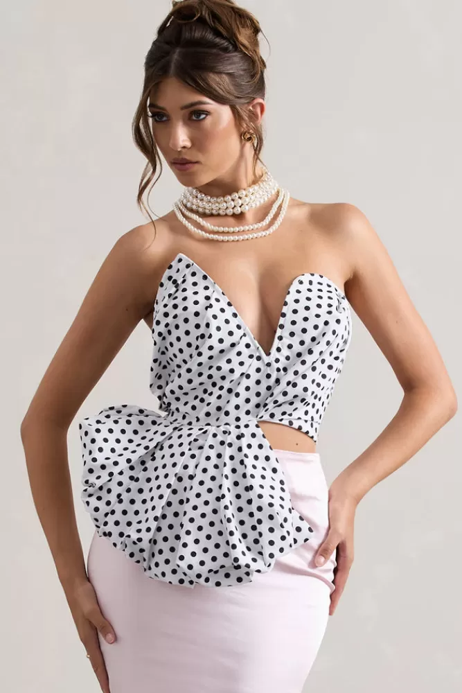 Club L London Haute | Cream Polka Dot Asymmetric Plunge-Neck Corset With Ruffle CREAMPOLKADOT Online