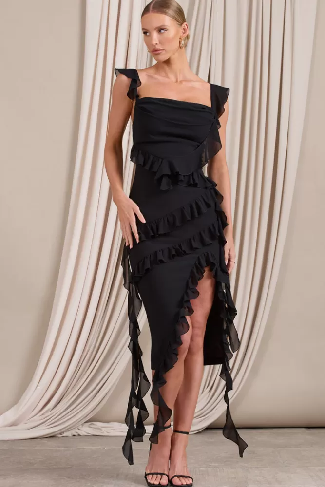 Club L London Havana Heat | Cowl Ruffle Chiffon Midi Dress BLACK Cheap