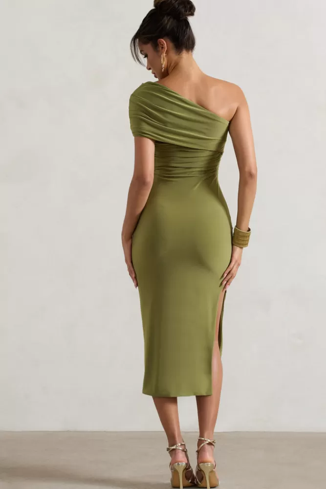 Club L London Hawaii | Asymmetric One-Shoulder Split Midi Dress OLIVE Shop