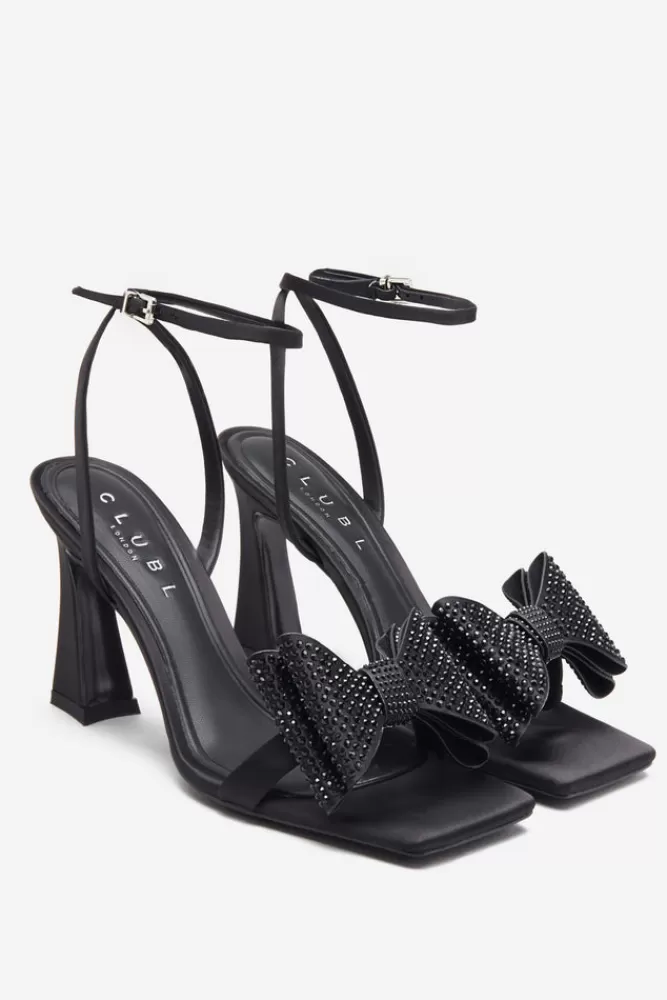 Club L London Headlines | Ankle Strap Heeled Sandals With Diamante Bows BLACK Clearance