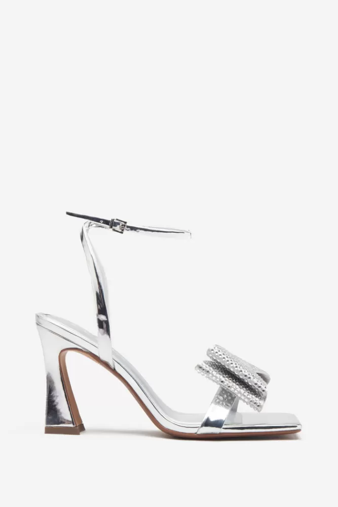 Club L London Headlines | Silver Ankle Strap Heeled Sandals With Diamante Bows SILVERREPTILE Cheap