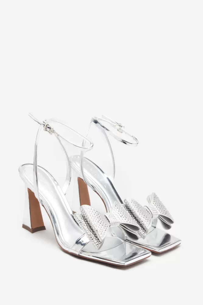 Club L London Headlines | Silver Ankle Strap Heeled Sandals With Diamante Bows SILVERREPTILE Cheap