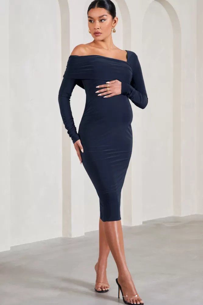 Club L London Heartbeat | One-Shoulder Long-Sleeved Maternity Midi Dress NAVY Hot