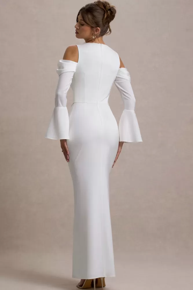 Club L London Heartthrob | Satin Draped Bardot Maxi Dress ivory Best