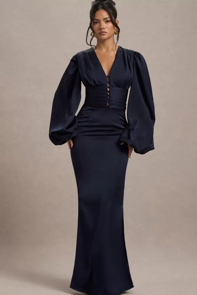 Club L London Helsinki | Satin V-Neck Balloon Sleeve Maxi Dress NAVY Cheap