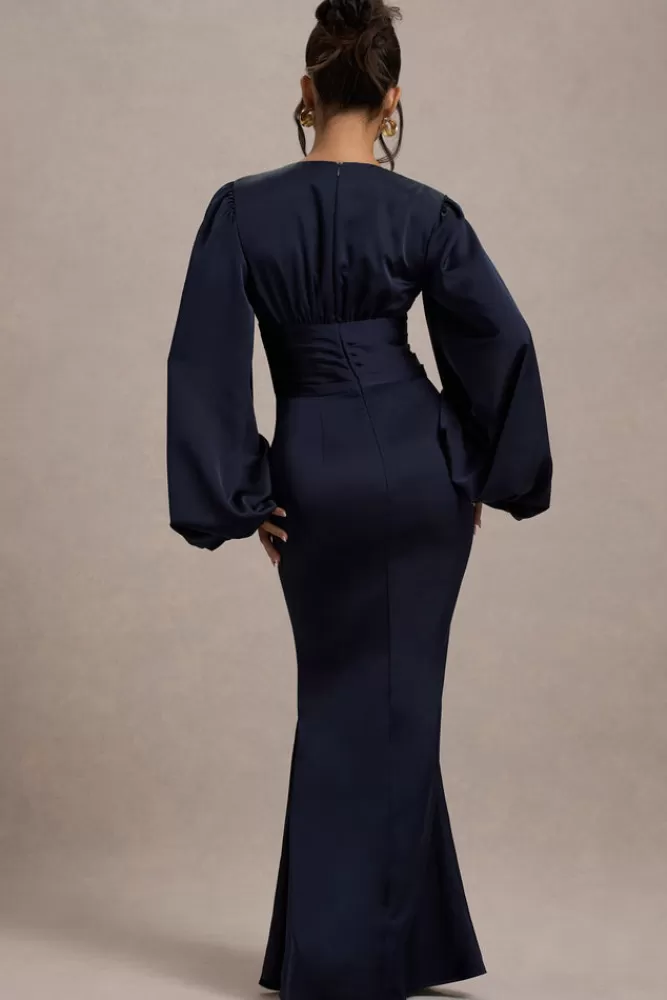 Club L London Helsinki | Satin V-Neck Balloon Sleeve Maxi Dress NAVY Cheap