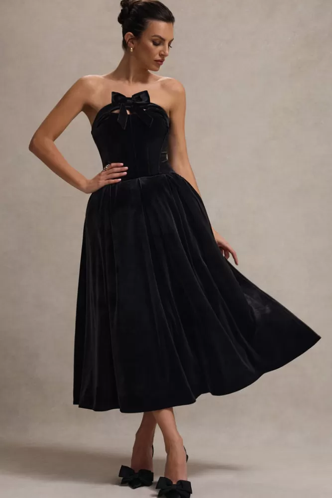 Club L London Hepburn | Velvet Bandeau Midi Dress With Bow BLACK Store