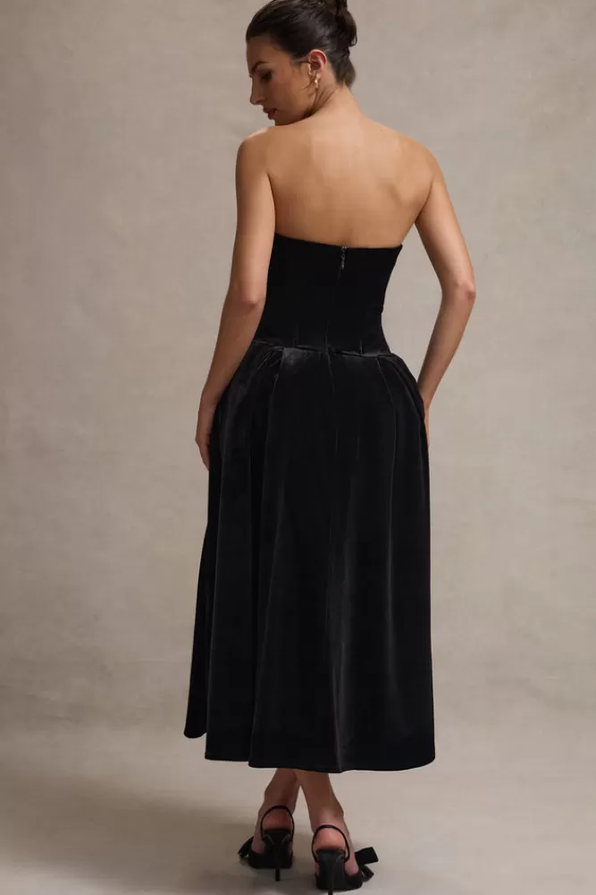 Club L London Hepburn | Velvet Bandeau Midi Dress With Bow BLACK Store