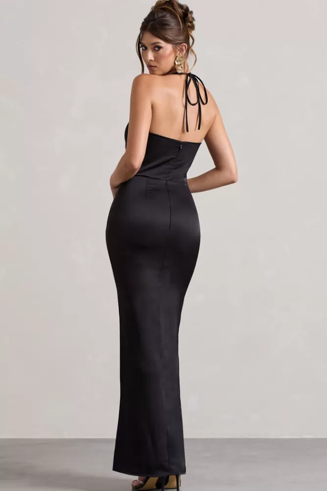Club L London Hermosa | Satin Cowl-Neck Twisted Split Maxi Dress BLACK Outlet