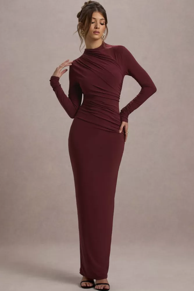 Club L London Hespera | Port High-Neck Long-Sleeve Gathered Maxi Dress tawnyport Discount