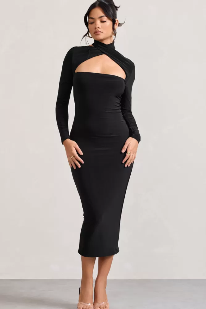 Club L London High Hopes | Halter-Neck Long-Sleeved Bodycon Midi Dress BLACK Sale
