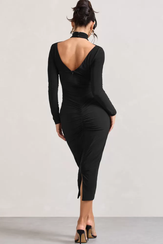 Club L London High Hopes | Halter-Neck Long-Sleeved Bodycon Midi Dress BLACK Sale