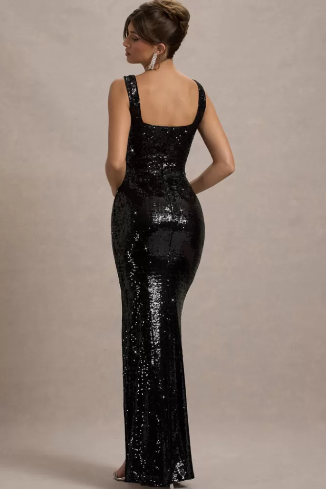 Club L London High Life | Sequin Square Neck Split Front Maxi Dress Black Best Sale