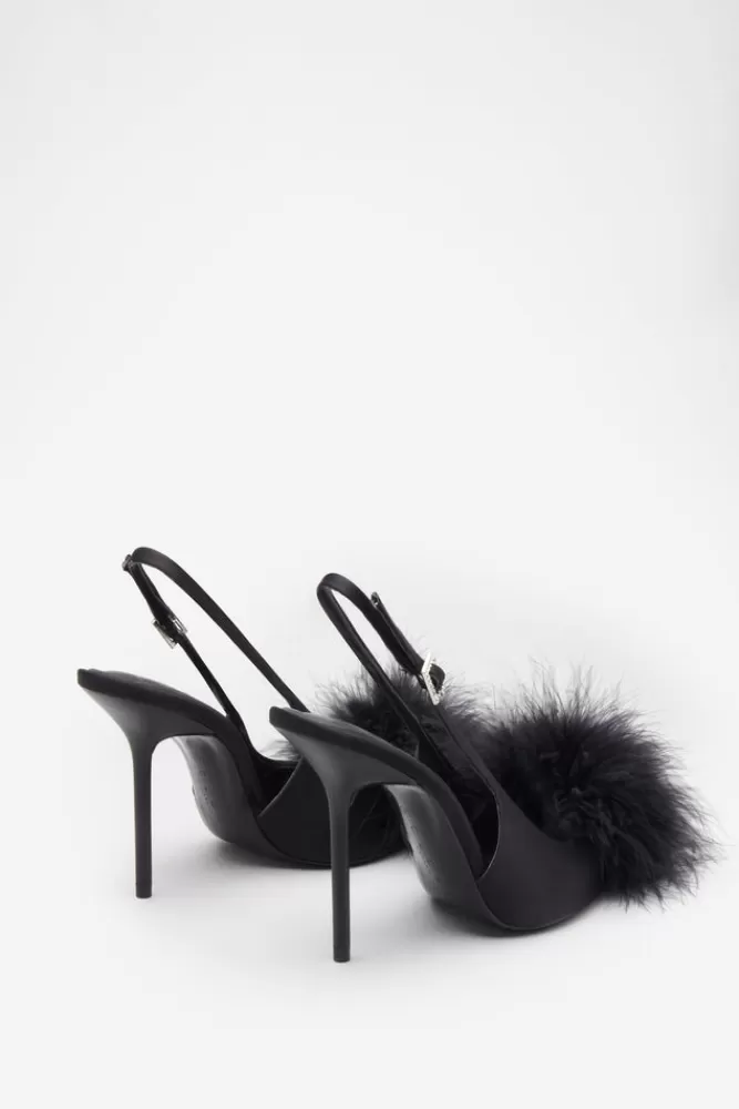 Club L London High Pitched | Black Satin Sling Back Heels With Pom Poms BLACKSATIN New