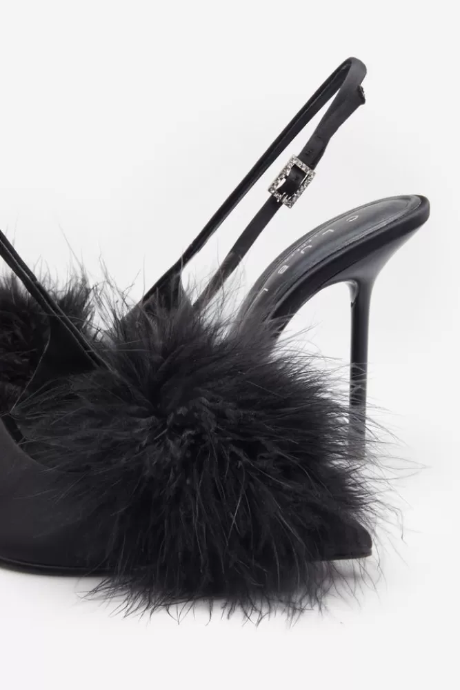 Club L London High Pitched | Black Satin Sling Back Heels With Pom Poms BLACKSATIN New