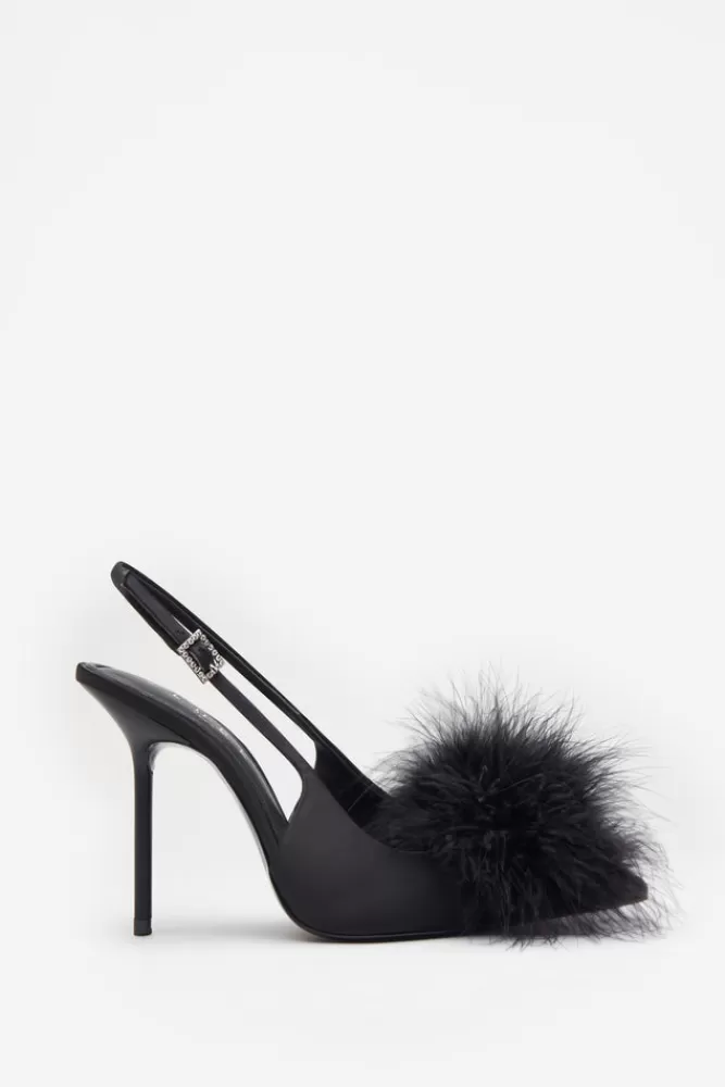Club L London High Pitched | Black Satin Sling Back Heels With Pom Poms BLACKSATIN New