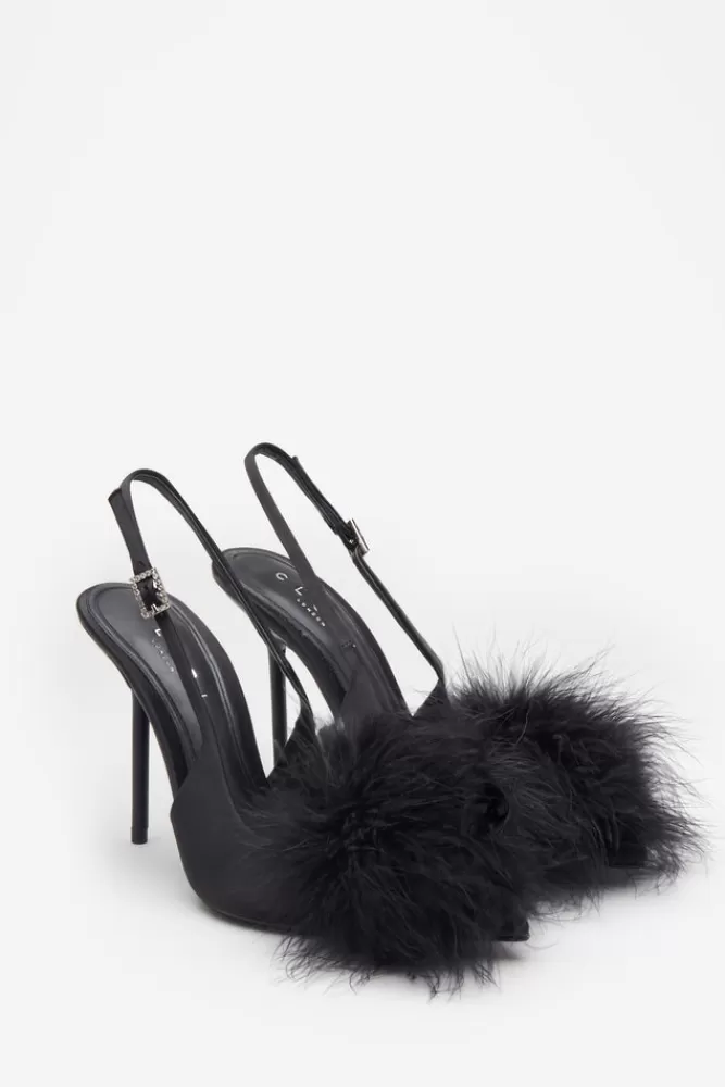 Club L London High Pitched | Black Satin Sling Back Heels With Pom Poms BLACKSATIN New