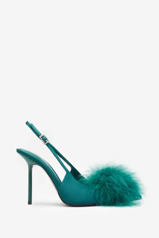 Club L London High Pitched | Green Satin Sling Back Heels With Pom Poms BOTTLEGREENSATIN New