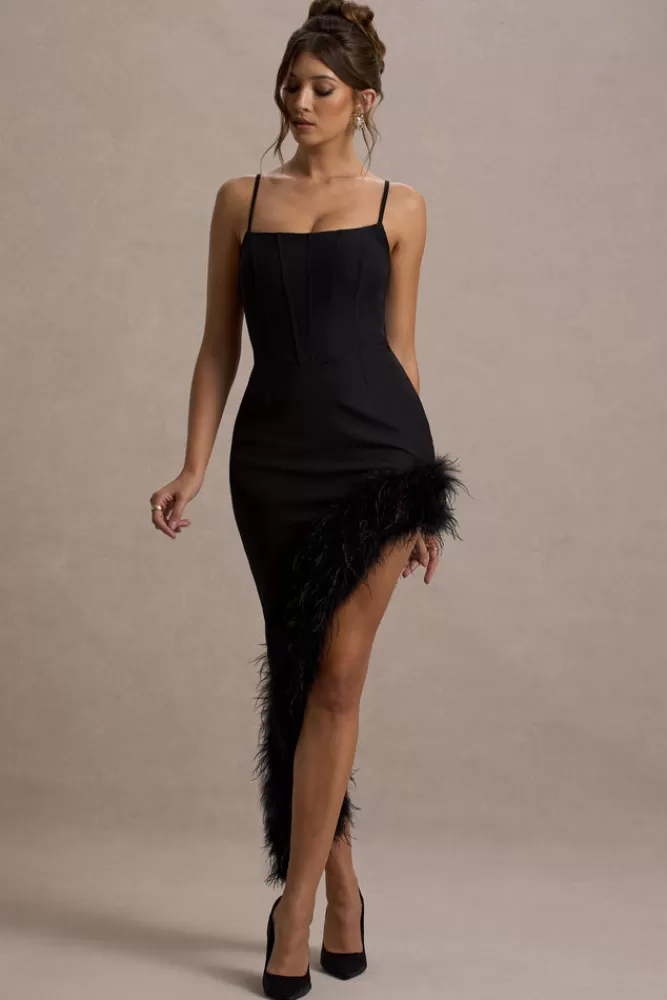 Club L London High Status | Strappy Corset Asymmetric Maxi Dress With Feather Trim BLACK Best Sale