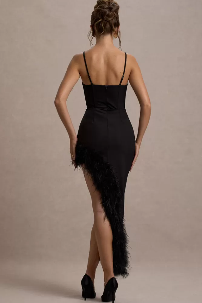 Club L London High Status | Strappy Corset Asymmetric Maxi Dress With Feather Trim BLACK Best Sale