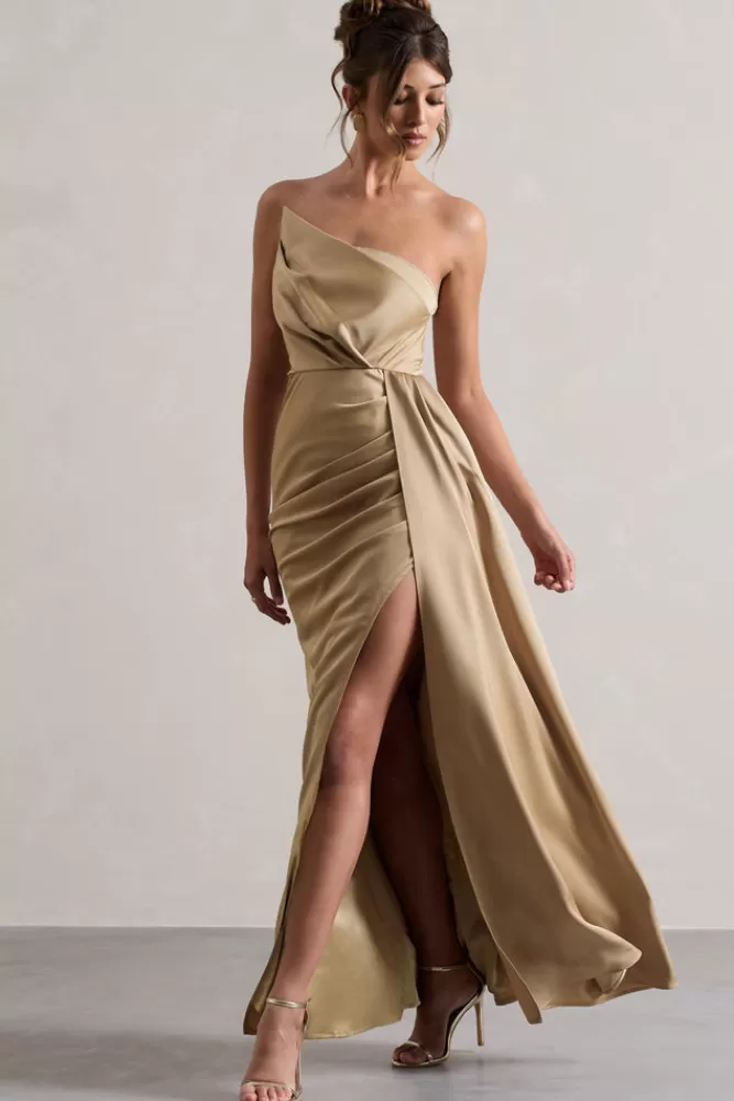 Club L London Hollywood | Satin Strapless Draped Maxi Dress CHAMPAGNE Fashion