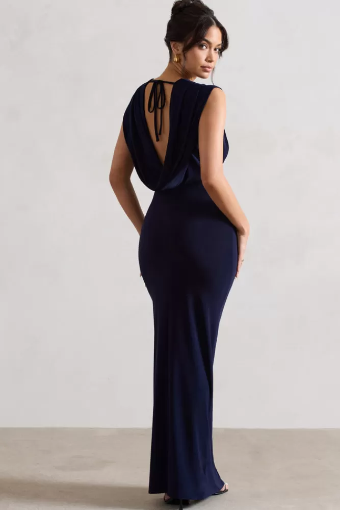 Club L London Honour | V-Neck Split Maxi Dress With Cowl-Back NAVY Hot