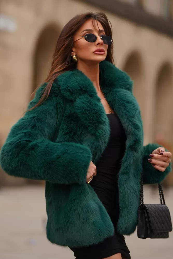 Club L London Hot Toddy | Bottle Green Short Faux Fur Coat BOTTLEGREEN Clearance