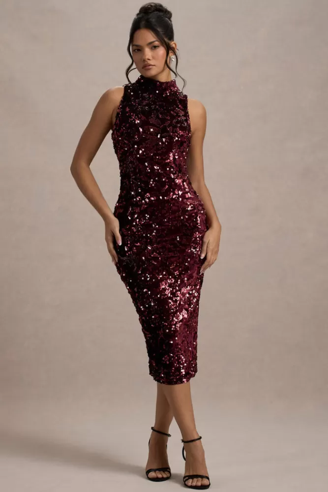 Club L London Hypnosis | Sequin Sleeveless High-Neck Midi Dress BERRY Best Sale