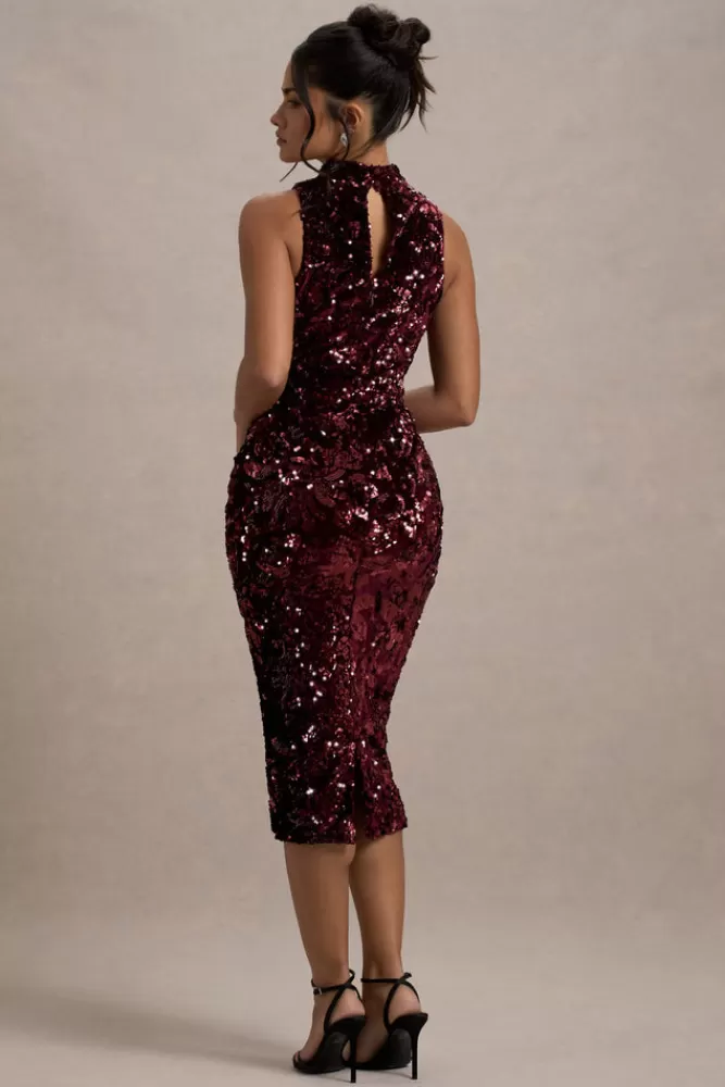 Club L London Hypnosis | Sequin Sleeveless High-Neck Midi Dress BERRY Best Sale