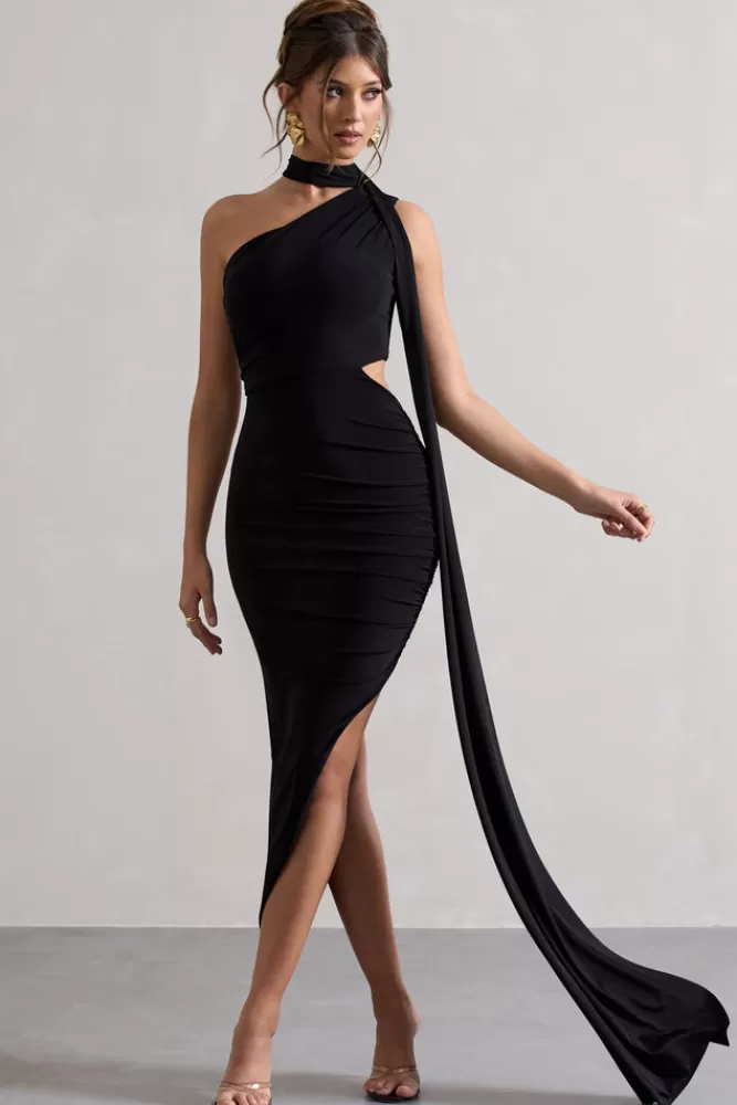 Club L London Icon | One Shoulder Cut-Out Maxi Dress With Scarf BLACK Discount